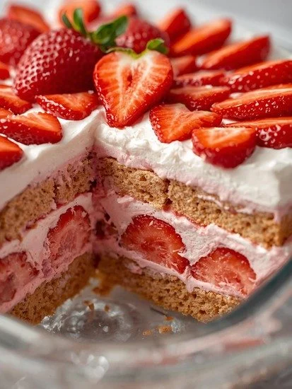 No-bake strawberry icebox cake with layers of strawberries and cream