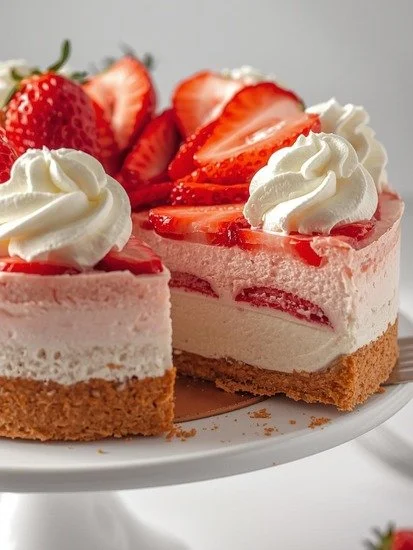 No-bake strawberry shortcake cheesecake topped with fresh strawberries and whipped cream