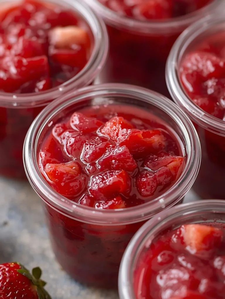 No-cook strawberry rhubarb freezer jam in a glass jar