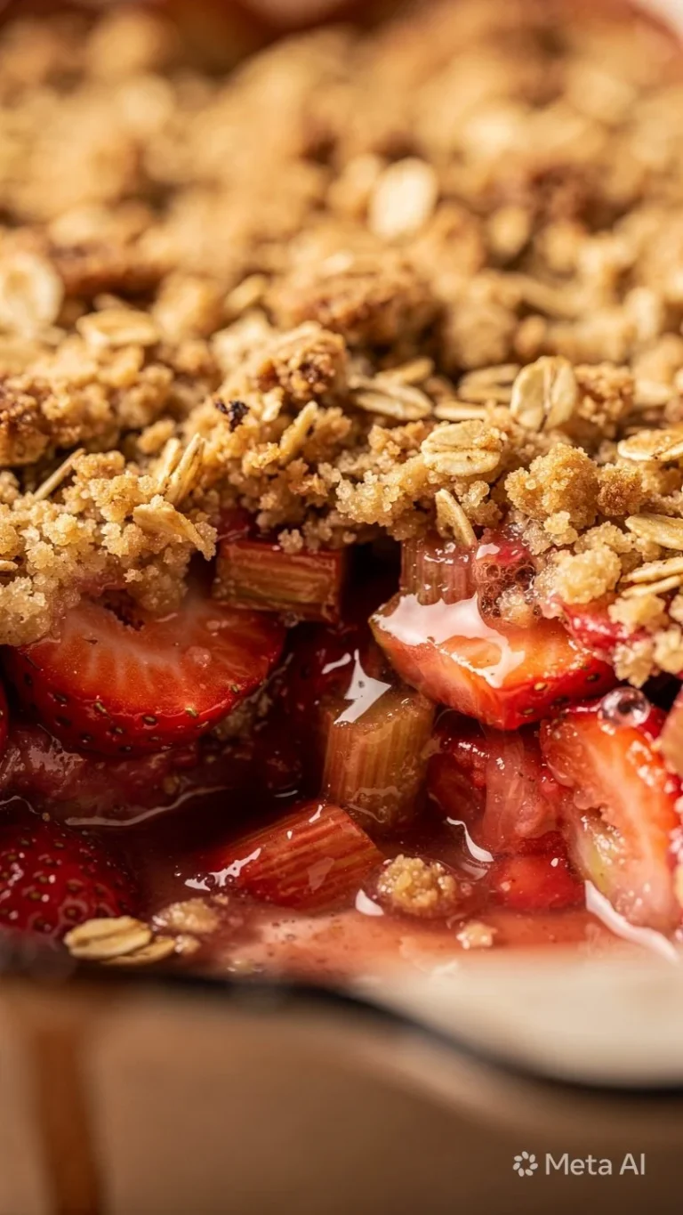 Homemade old fashioned strawberry rhubarb crisp with crunchy oats topping.