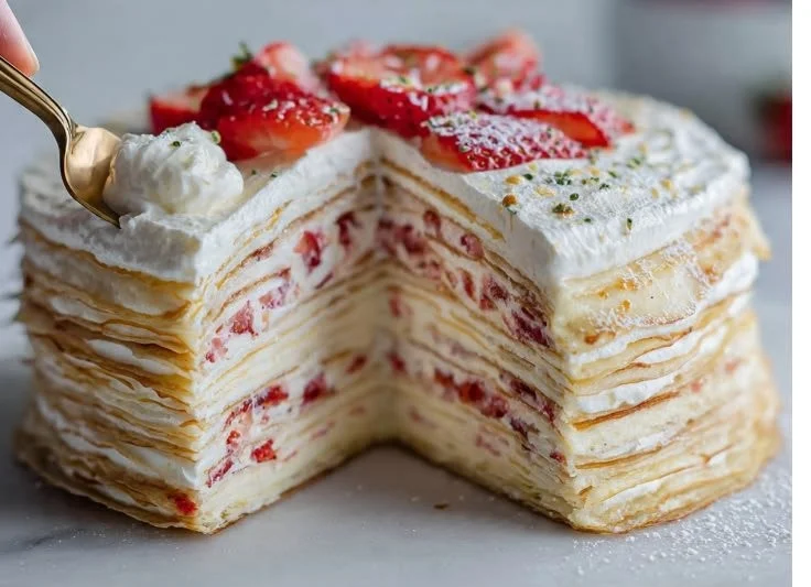Layered Pancake Crepe Cake with fluffy pancakes and cream filling
