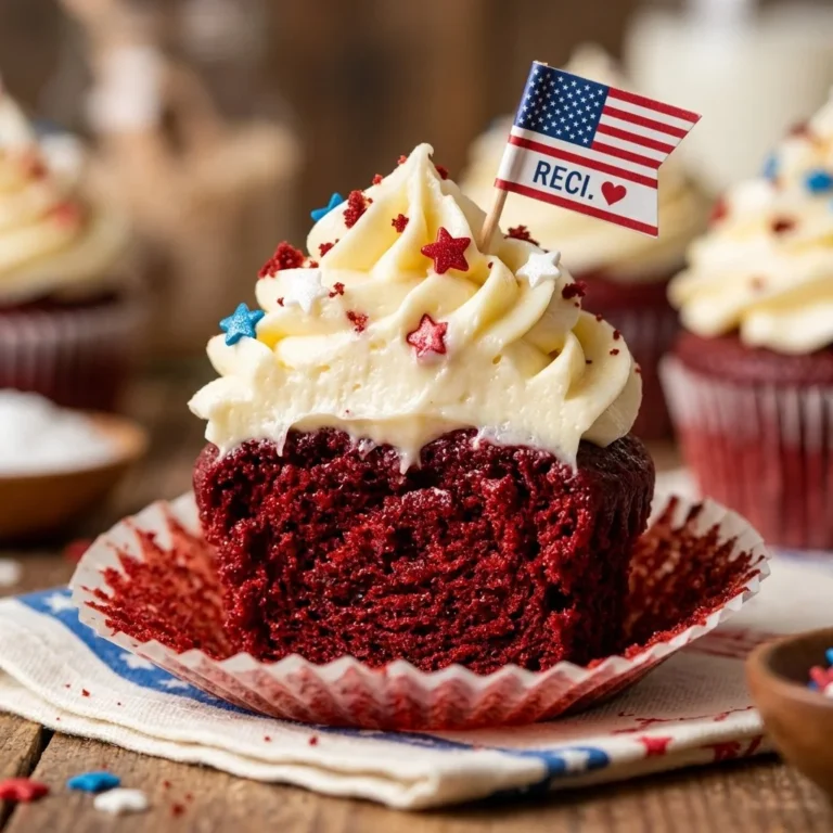 Delicious patriotic red velvet cupcakes with white frosting and blue sprinkles.