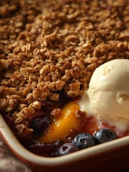 Delicious homemade Peach Blueberry Crisp served warm with ice cream