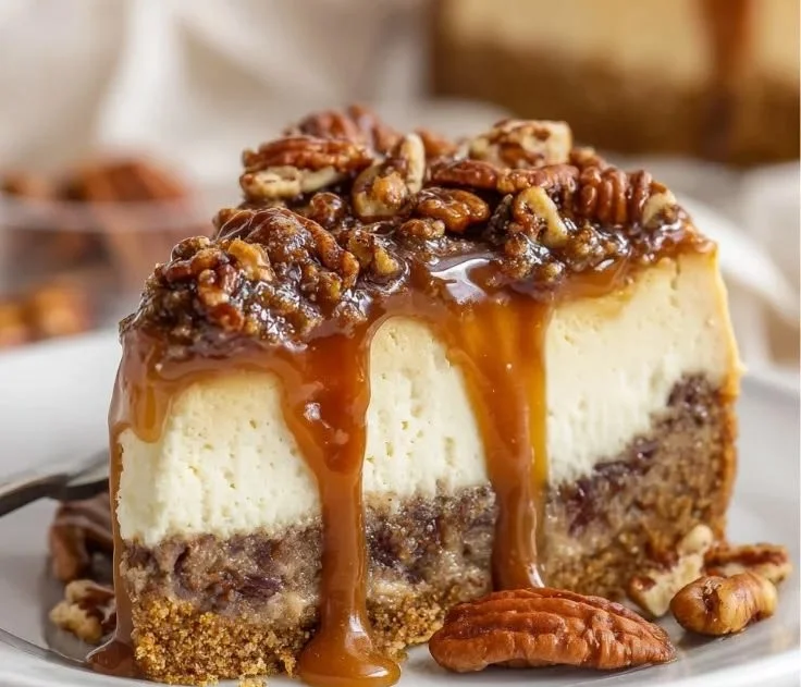 Delicious pecan pie cheesecake topped with caramel and pecans