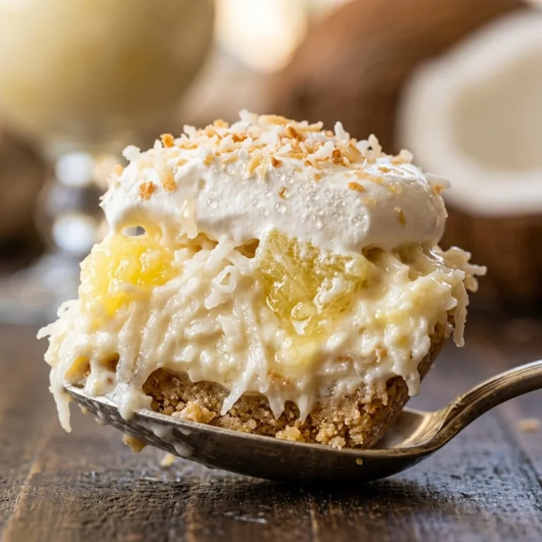 Delicious Pina Colada Lush dessert topped with pineapple and coconut