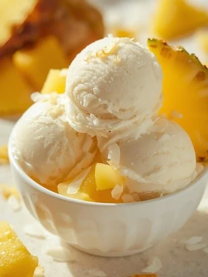 Delicious homemade Piña Colada Sorbet served in a bowl with fresh fruit garnishes