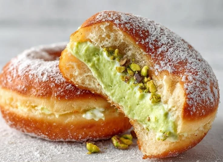 Delicious pistachio cream donuts topped with chopped pistachios and icing.