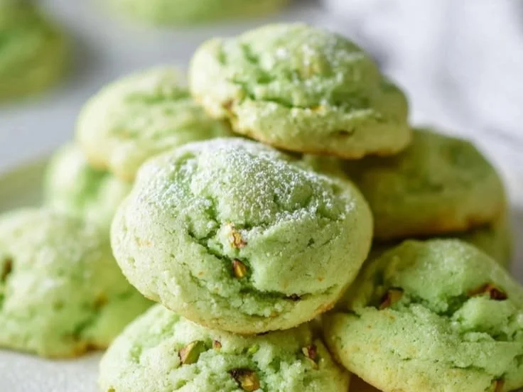 Pistachio pudding cookies on a cooling rack