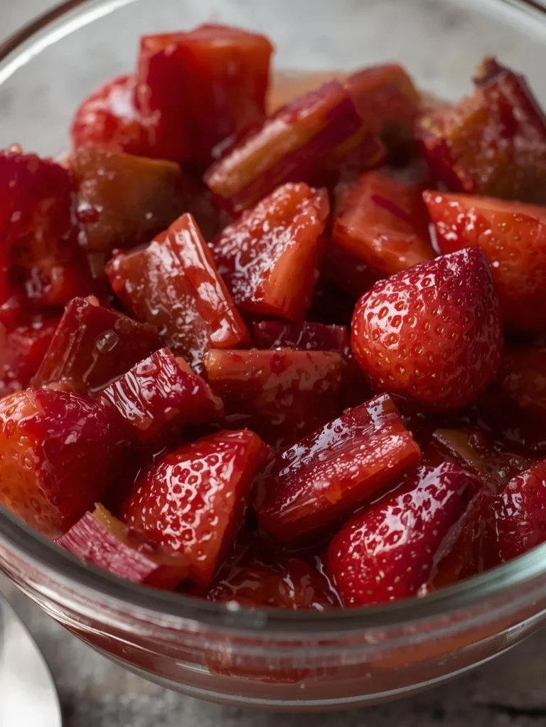Quickly made strawberry rhubarb compote in a bowl, perfect for desserts.
