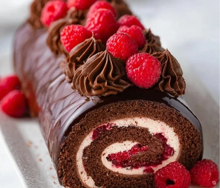 Delicious Raspberry Chocolate Roll Cake with layers of chocolate and raspberry filling.