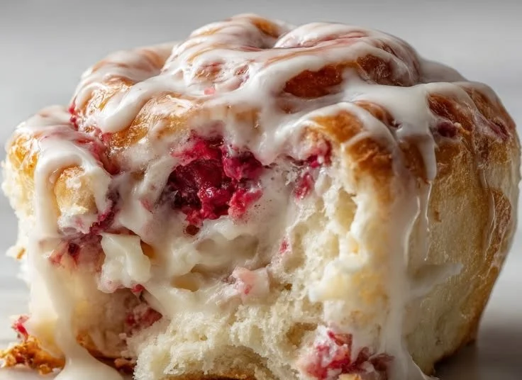 Freshly baked raspberry cream cheese swirl rolls on a cooling rack.