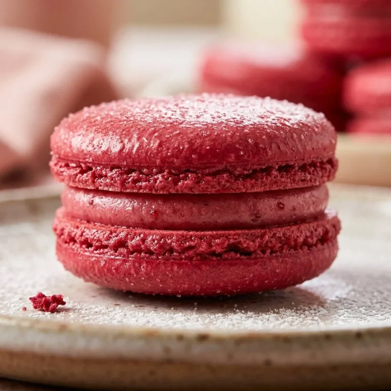 Delicious Raspberry Macarons displayed on a plate, showcasing their vibrant color and smooth texture.