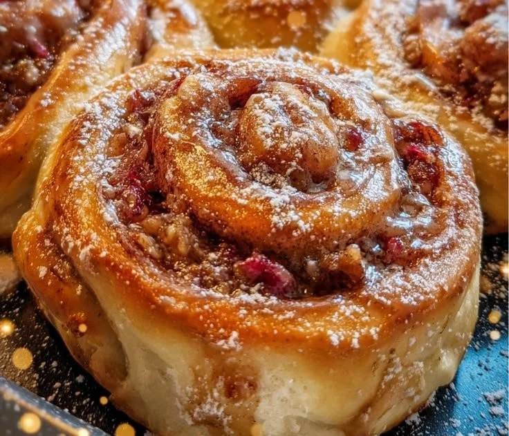 Freshly baked rhubarb cinnamon rolls on a wooden table