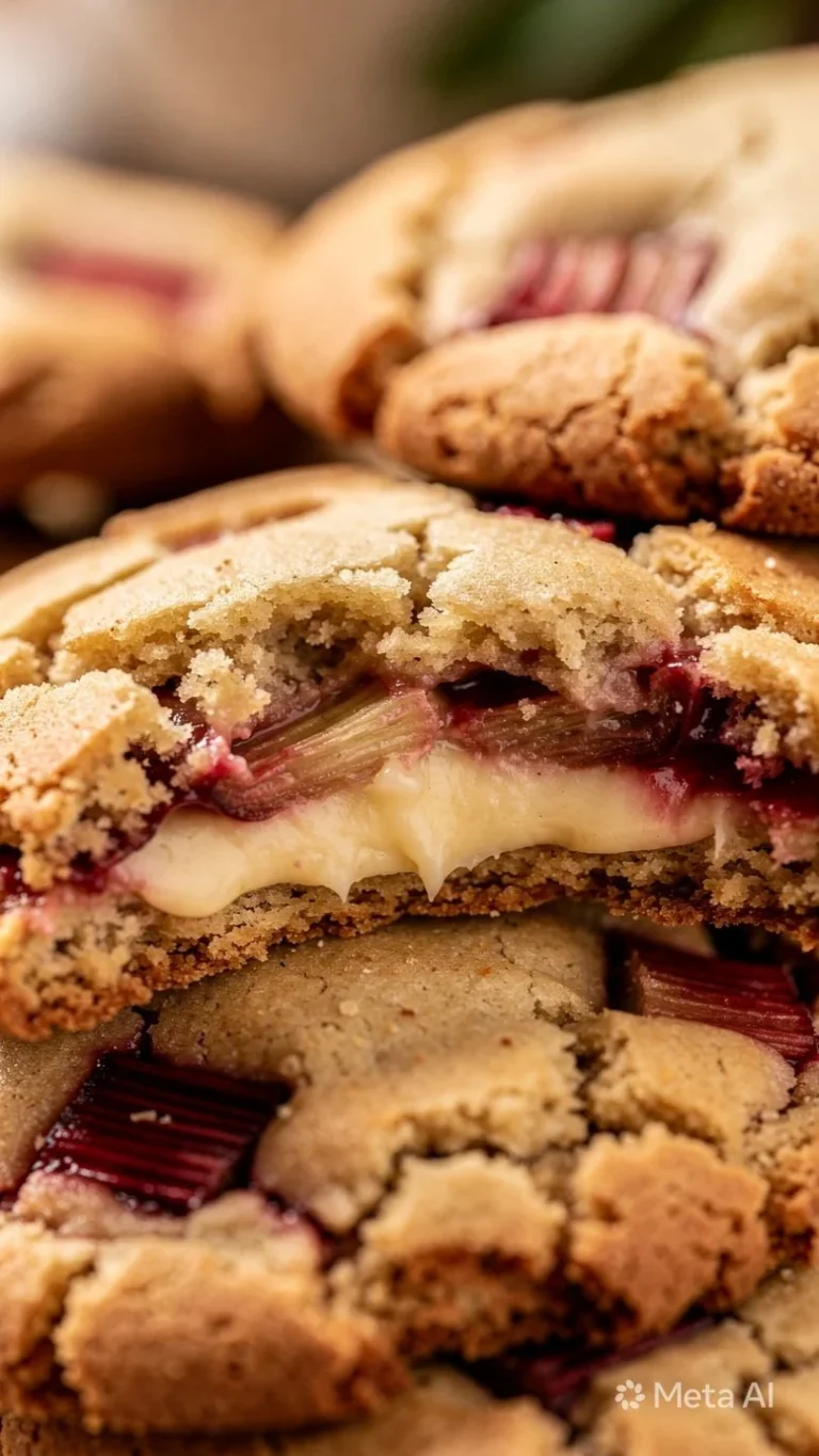 Rhubarb cookies filled with creamy cheese, fresh and delicious dessert treat.
