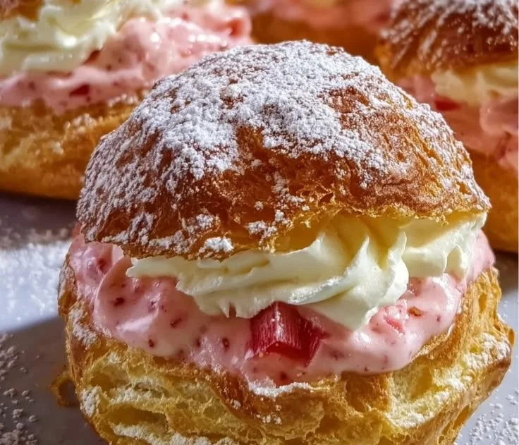 Delicious Rhubarb Cream Puff dessert topped with cream and rhubarb filling