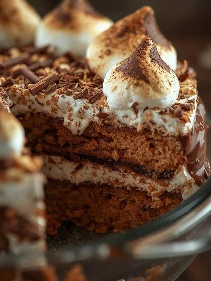 Delicious S'mores Icebox Cake layered with graham crackers, chocolate, and cream