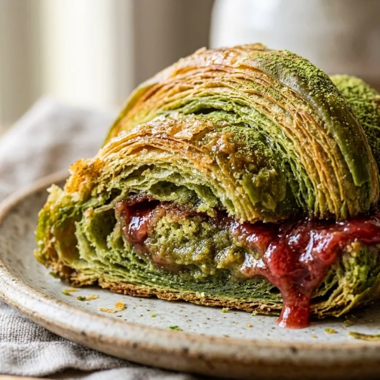 Freshly baked Strawberry Matcha Croissants with a flaky texture and vibrant colors