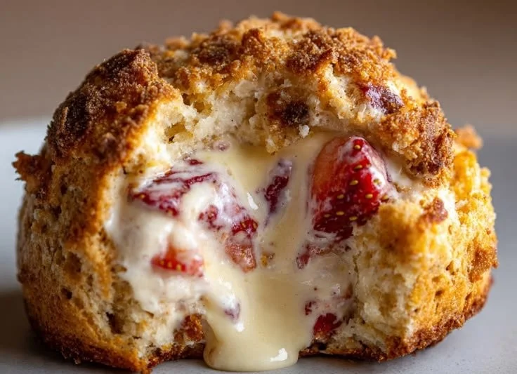 Strawberry Biscuit Bombs ready to serve, delicious and topped with fresh strawberries
