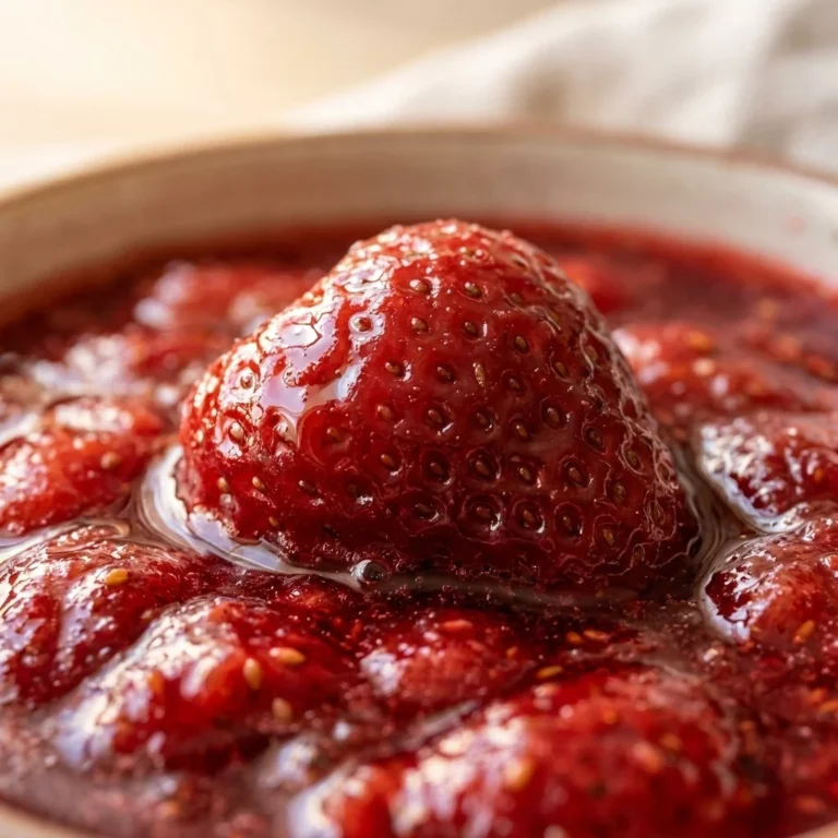 Delicious strawberry compote in a glass dish, perfect for desserts and toppings.