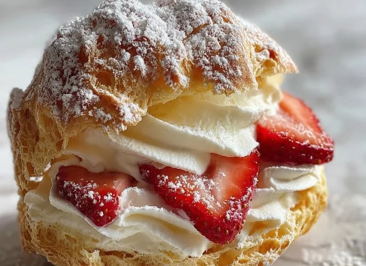 Delicious strawberry cream puffs with fresh strawberries and whipped cream