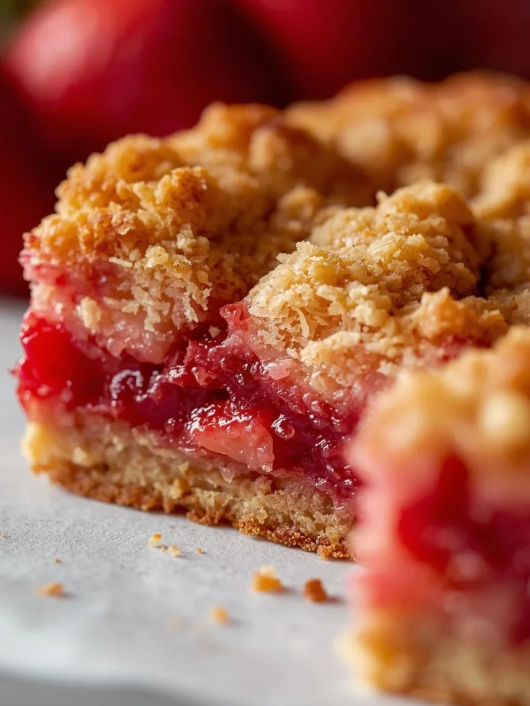 Freshly baked strawberry rhubarb crumb bars served on a wooden plate