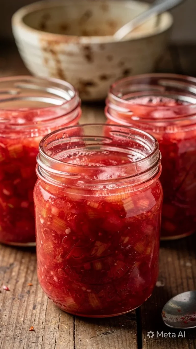 Homemade strawberry rhubarb jam in a glass jar with fresh strawberries and rhubarb