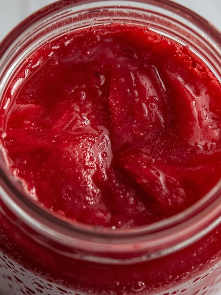 Homemade strawberry rhubarb jam made with pectin in a glass jar.