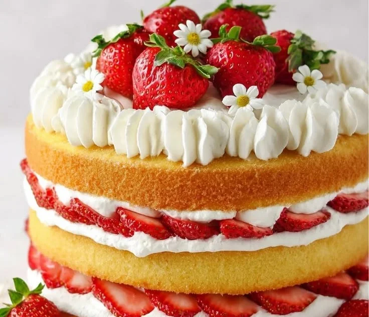 Delicious strawberry shortcake cake topped with fresh strawberries and whipped cream.