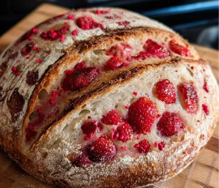 Freshly baked strawberry sourdough bread with slices ready to serve