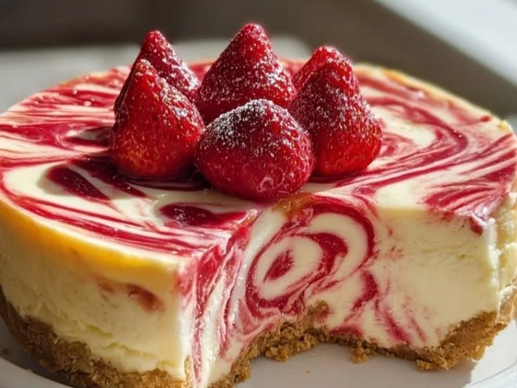 Delicious strawberry swirl cheesecake with berry topping and graham cracker crust