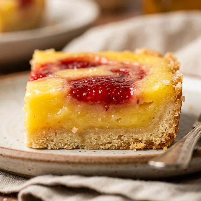 Strawberry Swirl Lemon Bars with a citrus and berry blend on a white plate.