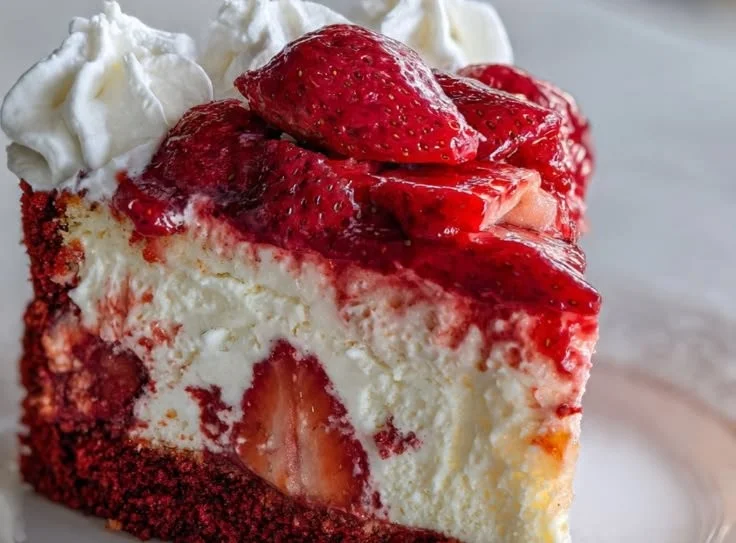 Strawberry Swirl Red Velvet Cheesecake topped with fresh strawberries and cream.