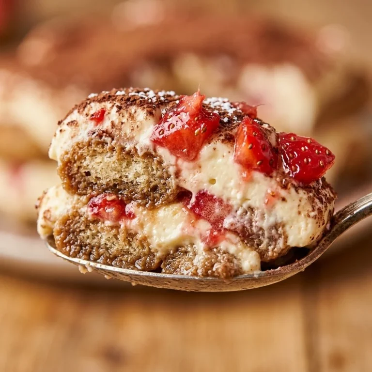 Delicious strawberry tiramisu dessert with layers of strawberries and coffee-flavored cream