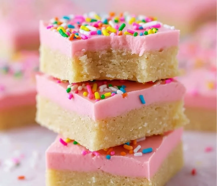Delicious Sugar Cookie Bars topped with colorful sprinkles on a white plate