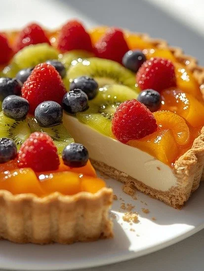 Summer fruit tart topped with a variety of fresh fruits and creamy pastry cream.