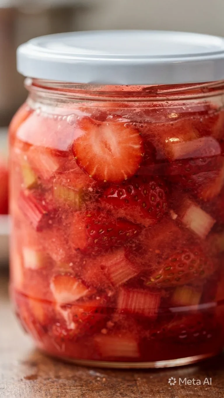 Delicious homemade strawberry rhubarb jam in a jar