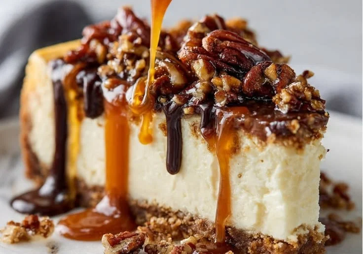 Delicious turtle cheesecake topped with caramel and chocolate drizzle