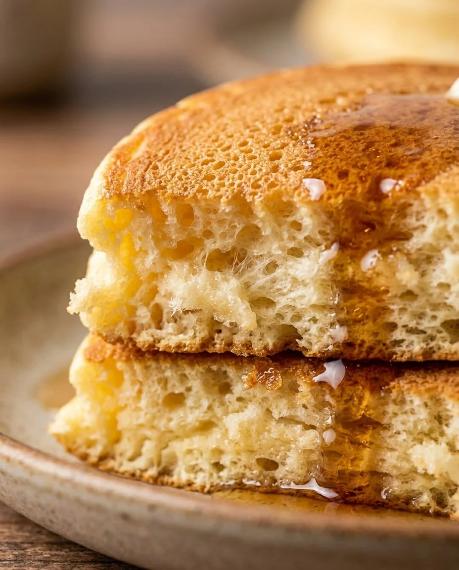 Fluffy Japanese souffle pancakes stacked on a plate with syrup and berries