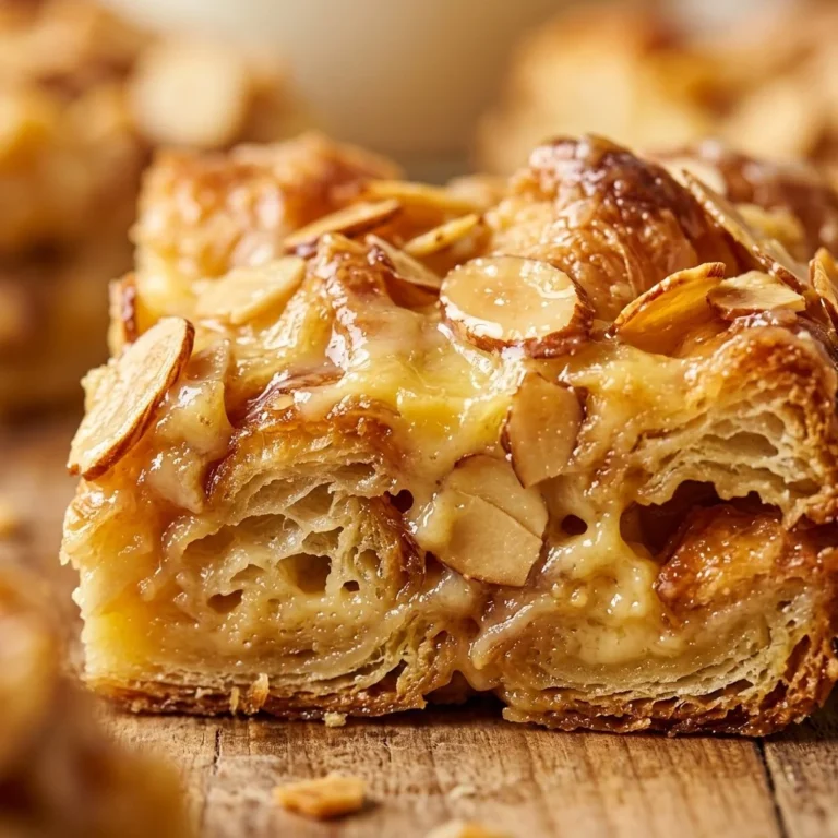 Delicious Almond Croissant Cake Bars with a gooey filling on a white plate
