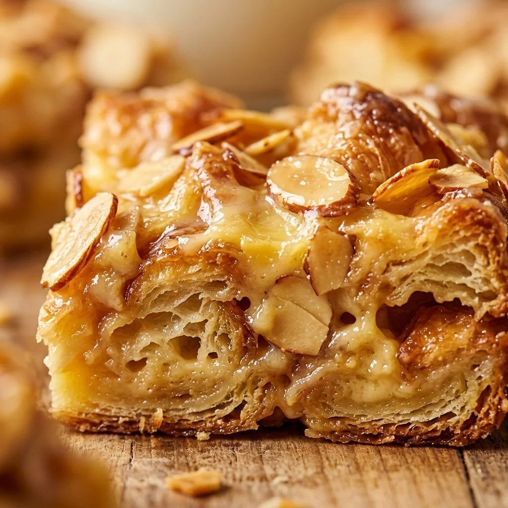Delicious Almond Croissant Cake Bars with a gooey filling on a white plate