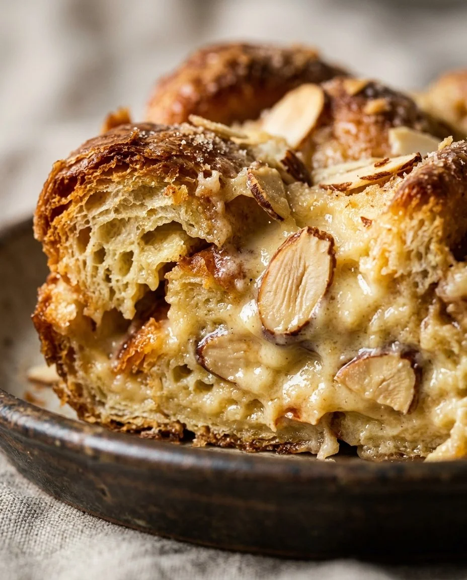 Deliciously baked Almond Croissant Cake with icing and almond flakes