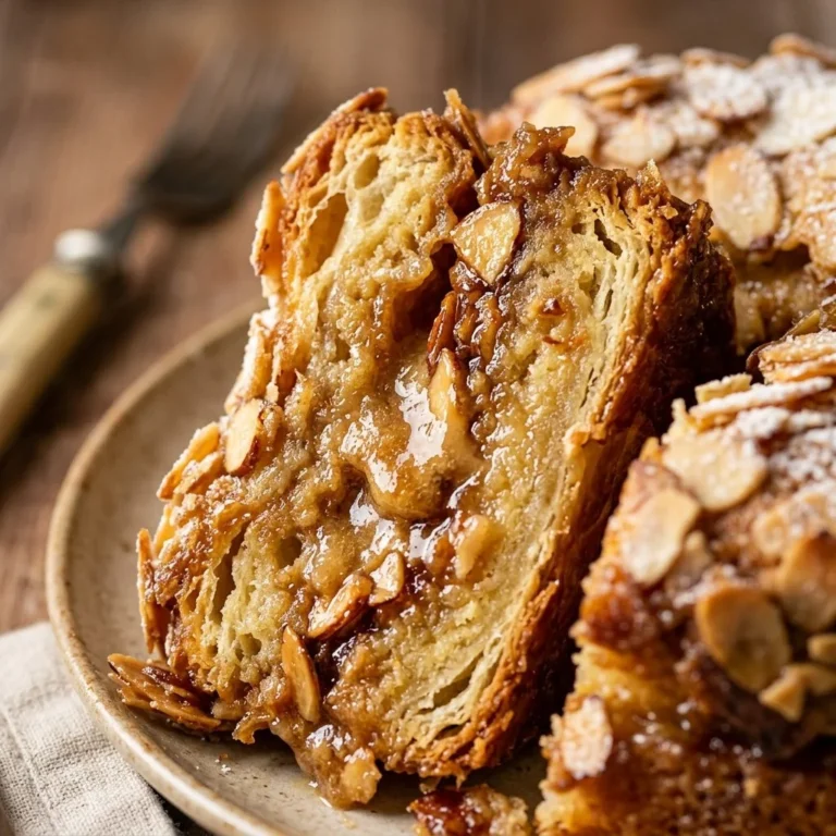 Delicious Almond Croissant Cake topped with almond flakes and icing
