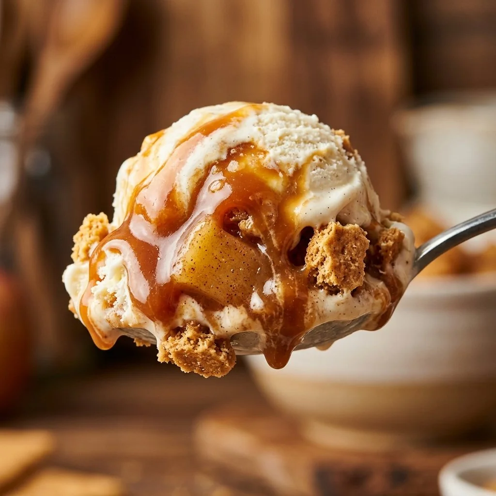 Delicious apple pie ice cream served in a bowl with a scoop of apple slices
