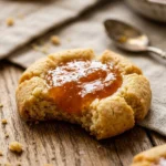 Delicious apricot jam thumbprint cookies on a baking tray