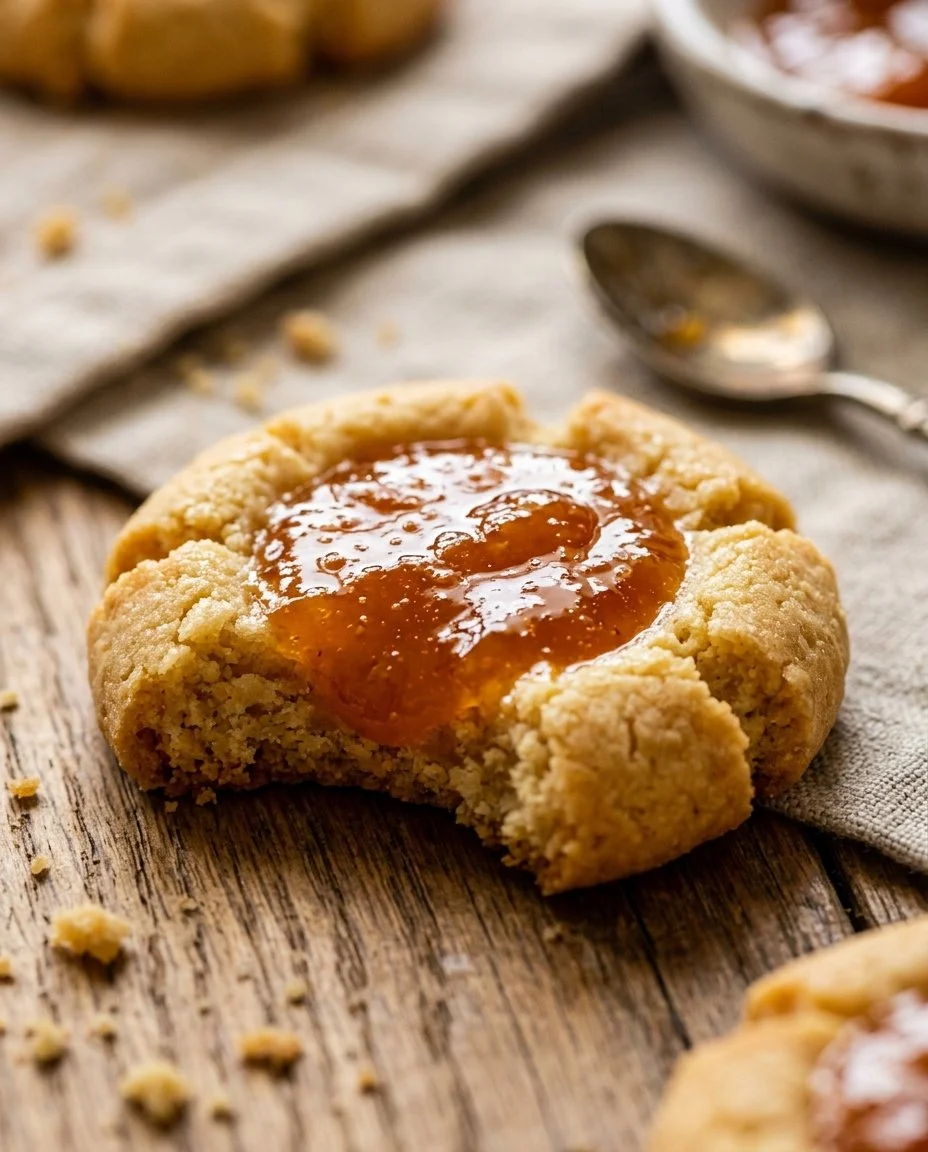 Delicious apricot jam thumbprint cookies on a baking tray