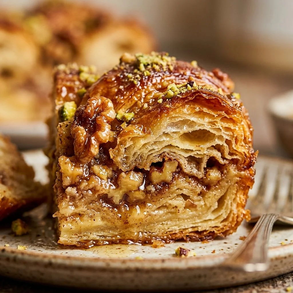 Delicious Baklava-Croissant Bread Pudding topped with nuts and syrup