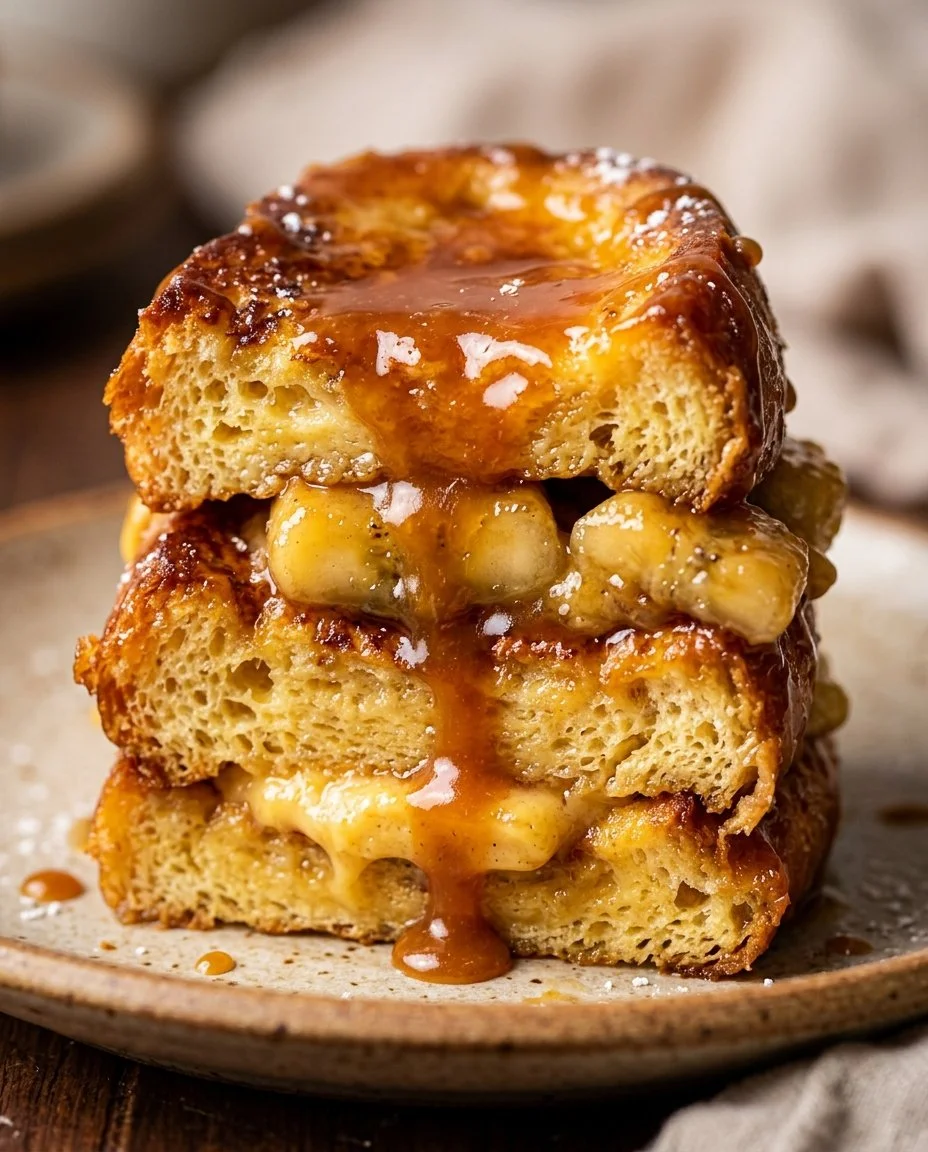 Delicious Banana Caramel French Toast Bake topped with caramel sauce