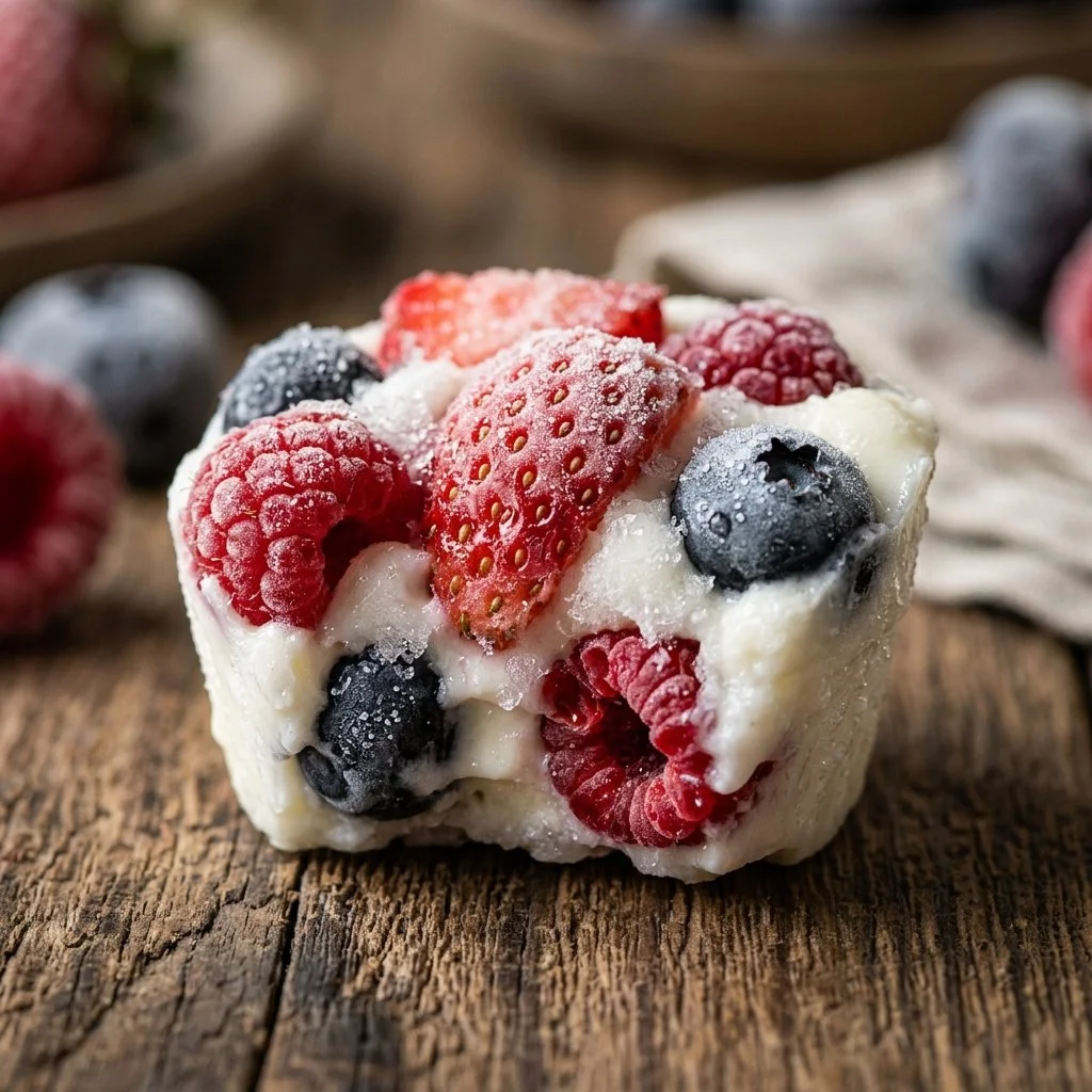 Berry-topped frozen yogurt bites served on a plate, garnished with fresh berries.