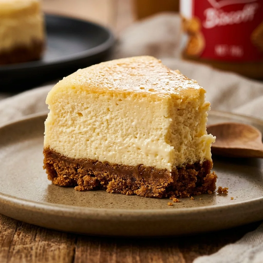 Sliced Biscoff Japanese Cheesecake on a white plate with Biscoff spread drizzle