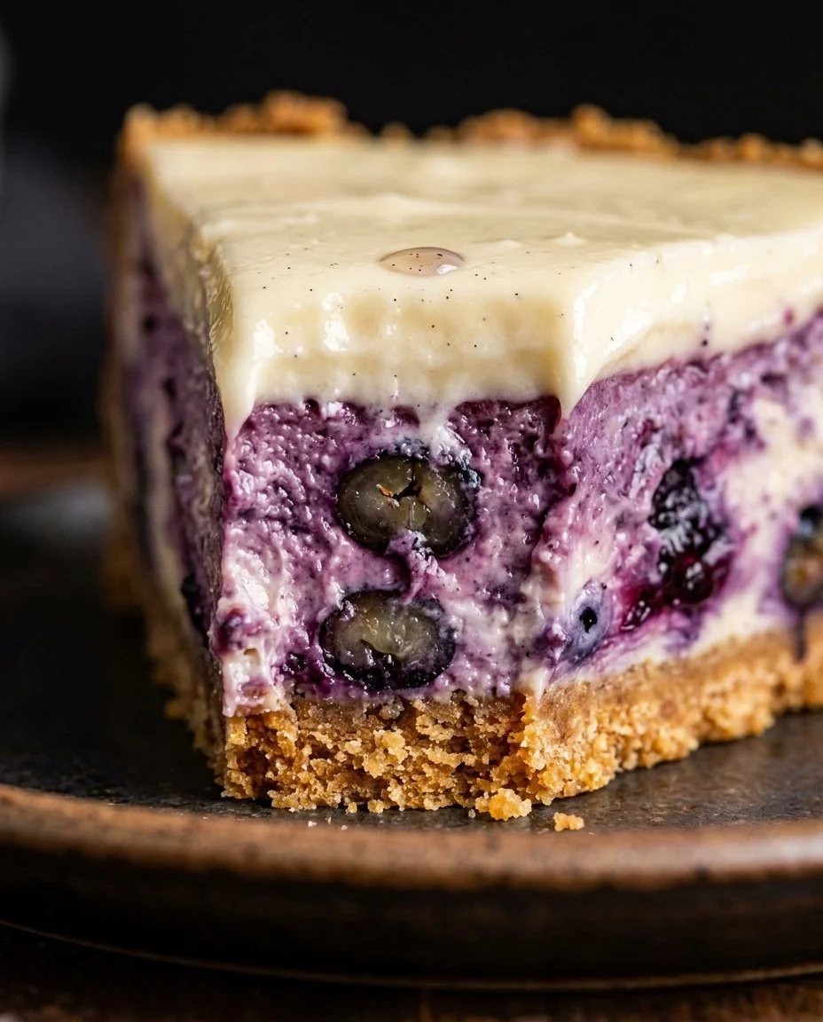 Delicious blueberry cheesecake slice topped with fresh blueberries